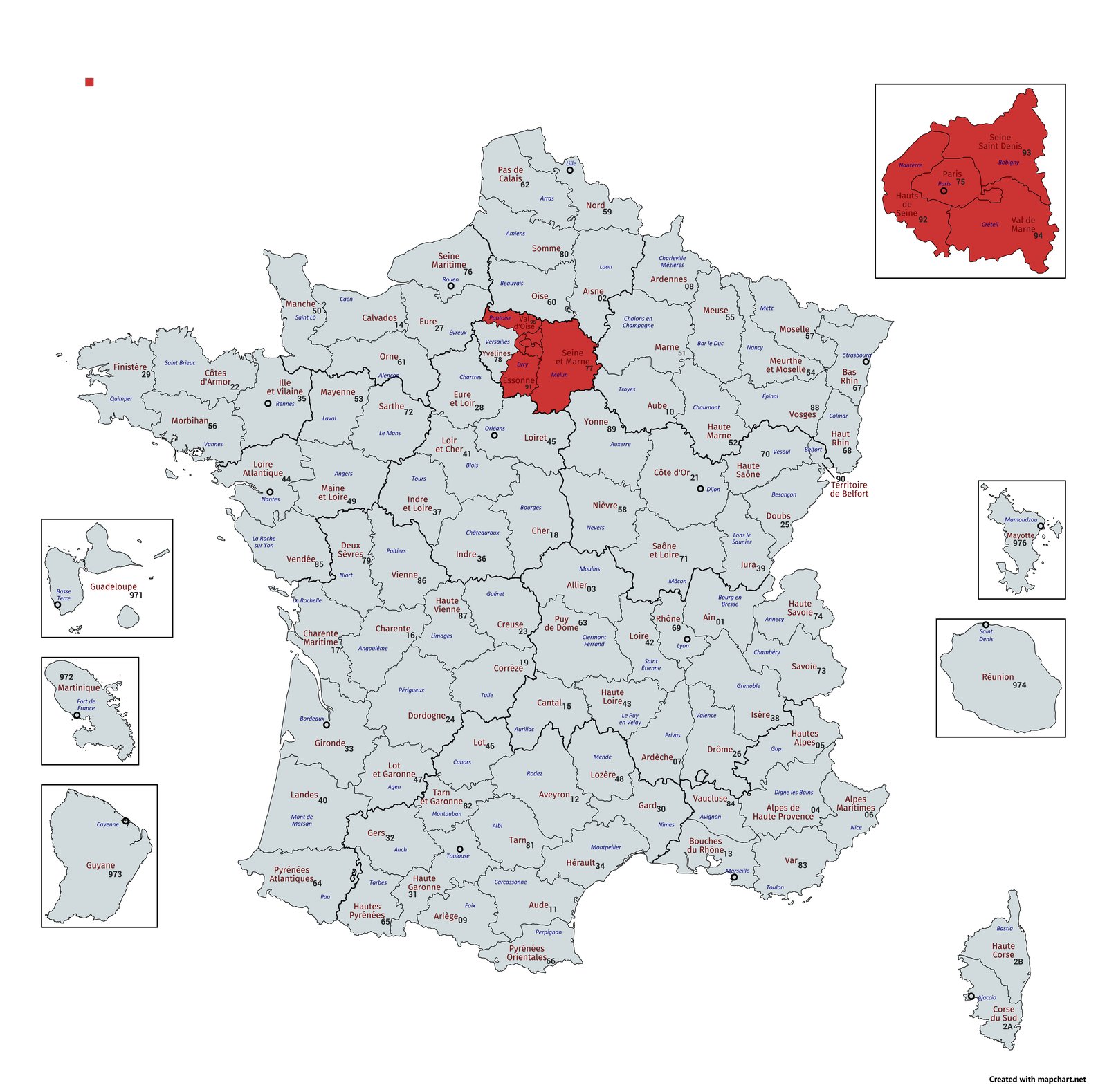 Carte des départements desservis en Île-de-France : Paris, Seine-et-Marne, Essonne, Hauts-de-Seine, Seine-Saint-Denis, Val-de-Marne et Val-d'Oise (Yvelines non desservies)